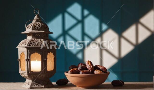 البهجة بقدوم شهر الخير، تحف واكسسوارت متميزة، ضيافة رمضانية شهية، ديكورات وزينة رمضان المبارك, الأجواء الروحانية والاحتفال بالمناسبات والأعياد الدينية الاسلامية، صورة مقربة لفانوس معدني تقليدي مضيء بشمعة على سطح خشبي مع طبق من التمر