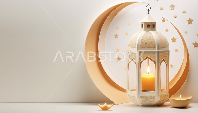 Joy at the arrival of the holy month of Ramadan, a traditional illuminated metal decorative lantern and the crescent moon, celebration of Islamic religious occasions and holidays, traditional Arab lights and decorations, popular decorations and lights, a distinctive spiritual Ramadan atmosphere, white background