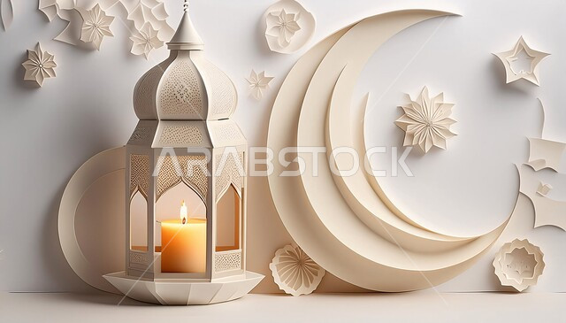 فانوس تقليدي معدني مزخرف مضيء و هلال القمر باللون الأبيض, الاحتفال بالمناسبات والأعياد الدينية الإسلامية, أضواء و زينة عربية تقليدية, البهجة بقدوم شهر رمضان المبارك, ديكورات و أنوار شعبية, أجواء رمضانية روحانية مميزة، خلفية بيضاء