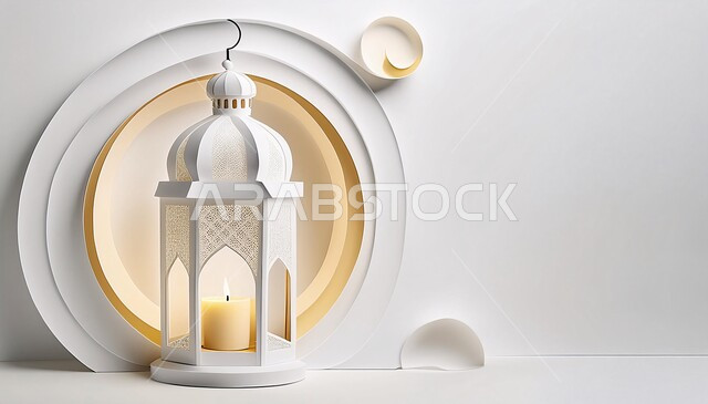 A traditional illuminated decorative metal lantern, celebrating Islamic religious occasions and holidays, traditional Arab lights and decorations, joy at the arrival of the holy month of Ramadan, popular decorations and lights, a distinctive spiritual Ramadan atmosphere, white background