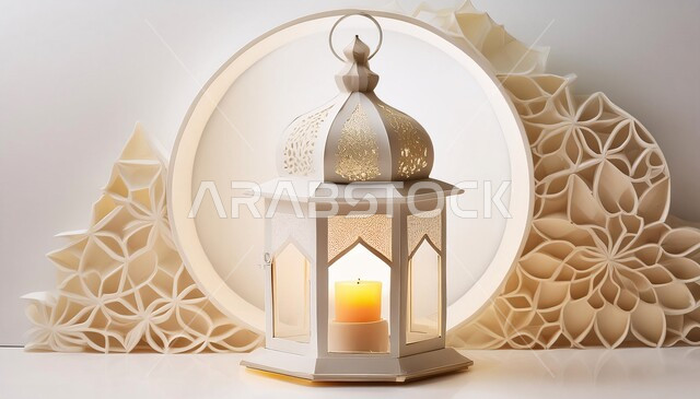 الاحتفال بالمناسبات والأعياد الدينية الإسلامية, فانوس تقليدي معدني مزخرف مضيء, أضواء و زينة عربية تقليدية, البهجة بقدوم شهر رمضان المبارك, ديكورات و أنوار شعبية, أجواء رمضانية روحانية مميزة، خلفية بيضاء