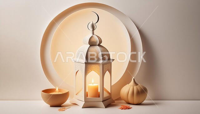 الاستعداد لقدوم رمضان المبارك, فانوس تقليدي معدني مزخرف مضيء, أضواء و زينة عربية تقليدية, الاحتفال والبهجة بقدوم شهر الخير, ديكورات و أنوار شعبية, أجواء رمضانية روحانية مميزة، خلفية بيضاء
