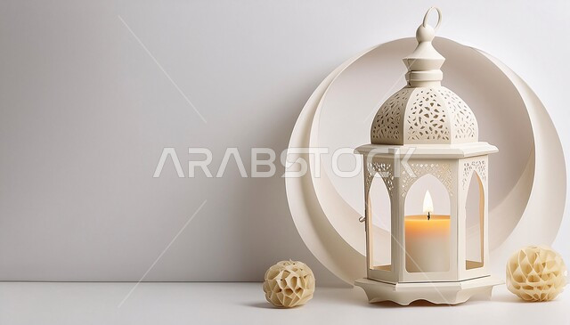أجواء رمضانية روحانية مميزة، الاستعداد لقدوم رمضان المبارك, فانوس تقليدي معدني مزخرف مضيء, أضواء و زينة عربية تقليدية, الاحتفال والبهجة بقدوم شهر الخير, ديكورات و أنوار شعبية، خلفية بيضاء