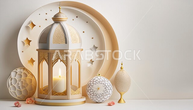 ديكورات و أنوار شعبية، أجواء رمضانية روحانية مميزة، الاستعداد لقدوم رمضان المبارك, فانوس تقليدي معدني مزخرف مضيء, أضواء و زينة عربية تقليدية, الاحتفال والبهجة بقدوم شهر الخير، خلفية بيضاء