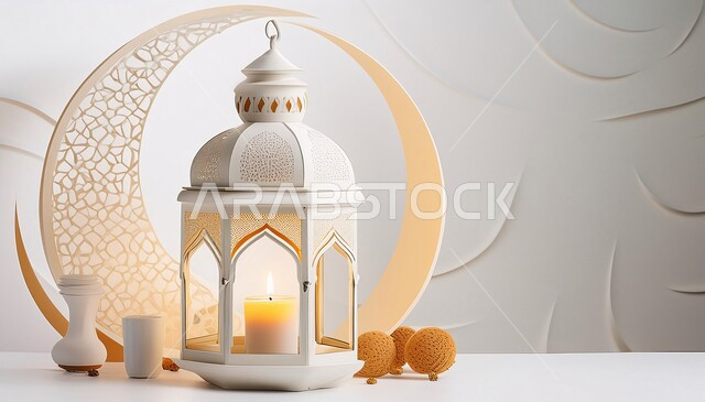 الاحتفال والبهجة بقدوم شهر الخير، ديكورات و أنوار شعبية، أجواء رمضانية روحانية مميزة، الاستعداد لقدوم رمضان المبارك, فانوس تقليدي معدني مزخرف مضيء, أضواء و زينة عربية تقليدية، خلفية بيضاء