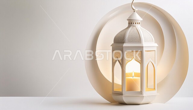 Traditional Arab lights and decorations, celebrating and rejoicing in the arrival of the month of goodness, popular decorations and lights, a distinctive spiritual Ramadan atmosphere, preparing for the advent of the blessed Ramadan, a traditional illuminated decorative metal lantern, white background.