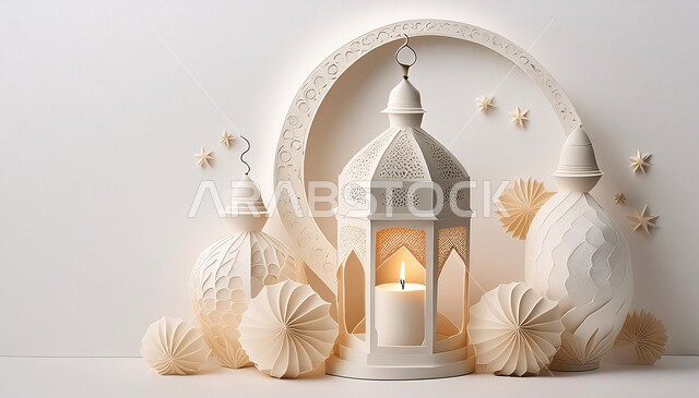 Luminous decorative metal lantern, Arab traditions and customs for decoration of the blessed Ramadan, joy at the arrival of the month of goodness and blessings, decorations and antiques for Islamic religious occasions, the distinct spiritual atmosphere of Ramadan, white background