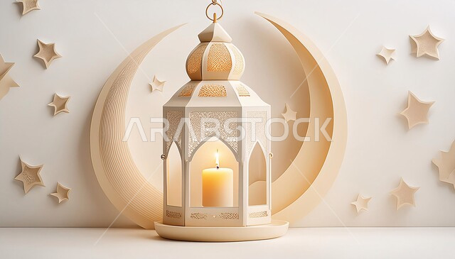 The distinct spiritual atmosphere of Ramadan, decorations and artifacts for Islamic religious occasions, joy at the arrival of the month of goodness and blessings, a luminous decorative metal lantern, Arab traditions and customs for decoration of the blessed Ramadan, white background