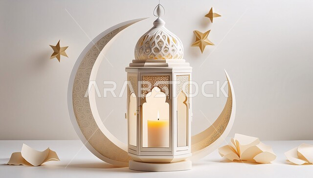 Decorations and antiques for Islamic religious occasions, the joy of the coming of the month of goodness and blessings, the distinct spiritual atmosphere of Ramadan, a luminous decorative metal lantern, Arab traditions and customs for decoration of the blessed Ramadan, a white background