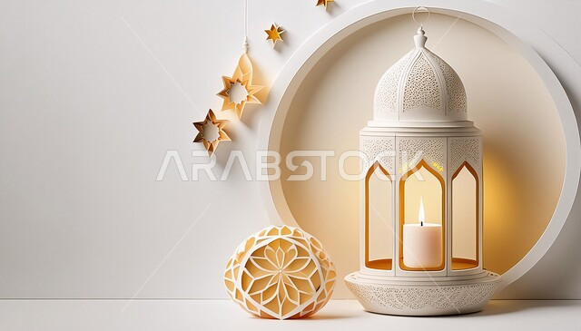 البهجة بقدوم شهر الخير والبركة، ديكورات وتحف المناسبات الدينية الإسلامية، الأجواء الروحانية الرمضانية المتميزة، فانوس معدني مزخرف مضيء, التقاليد والعادات العربية لزينة رمضان المبارك, خلفية بيضاء