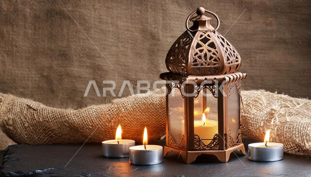 الاحتفال بالمناسبات والأعياد الدينية الإسلامية,  إضاءة و أنوار تقليدية شعبي, فانوس معدني مزخرف مضيء, الاستعداد و التحضير لاستقبال شهر الخير، زينة وديكورات رمضان المبارك, خلفية بني