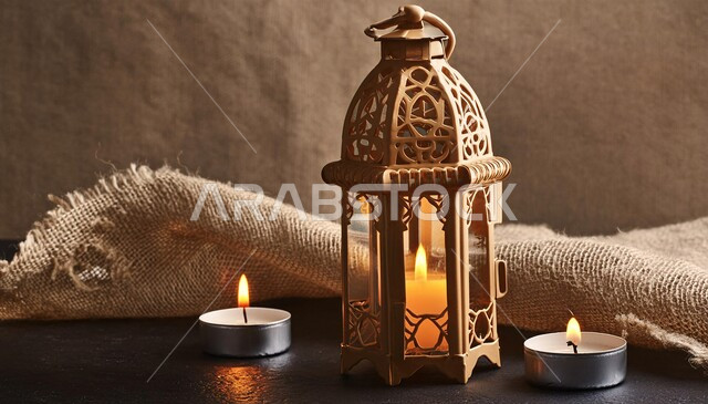 فانوس معدني مزخرف مضيء, الاستعداد و التحضير لاستقبال شهر الخير، إضاءة و أنوار تقليدية شعبية، زينة وديكورات رمضان المبارك, الاحتفال بالمناسبات والأعياد الدينية الإسلامية, خلفية بني