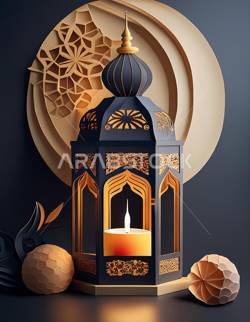 Arabic-style decorations and decorations, traditional folk lamps and lights, celebration of religious occasions, spiritual Ramadan atmosphere, joy at the arrival of the holy month of Ramadan, luminous traditional metal lantern, decorated Islamic background