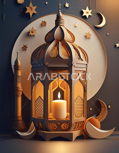 فانوس تقليدي معدني مضيء, زينة و ديكورات على الطراز العربي, مصابيح و أنوار شعبية تقليدية, الاحتفال بالمناسبات الدينية, الأجواء الرمضانية الروحانية, البهجة بقدوم شهر رمضان المبارك, خلفية إسلامية مزخرفة