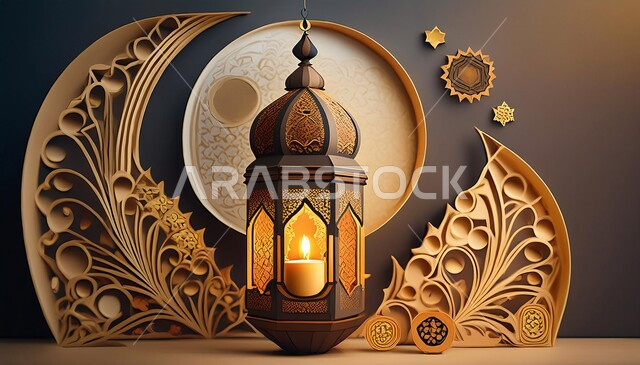 البهجة بقدوم شهر رمضان المبارك, فانوس تقليدي معدني مضيء, زينة و ديكورات على الطراز العربي, مصابيح و أنوار شعبية تقليدية, الاحتفال بالمناسبات الدينية, الأجواء الرمضانية الروحانية, خلفية إسلامية مزخرفة