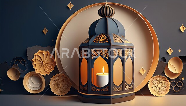 الاحتفال بالمناسبات الدينية, الأجواء الرمضانية الروحانية, البهجة بقدوم شهر رمضان المبارك, فانوس تقليدي معدني مضيء, زينة و ديكورات على الطراز العربي, مصابيح و أنوار شعبية تقليدية, خلفية إسلامية مزخرفة