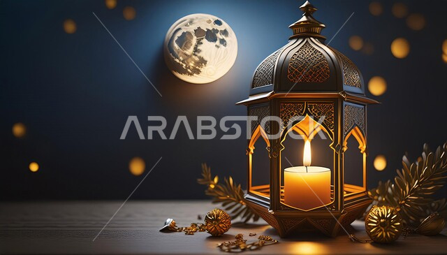 Arabic-style decorations and decorations, traditional folk lamps and lights, celebration of religious occasions, spiritual Ramadan atmosphere, joy at the arrival of the holy month of Ramadan, traditional luminous metal lantern, background of luminous moon and stars