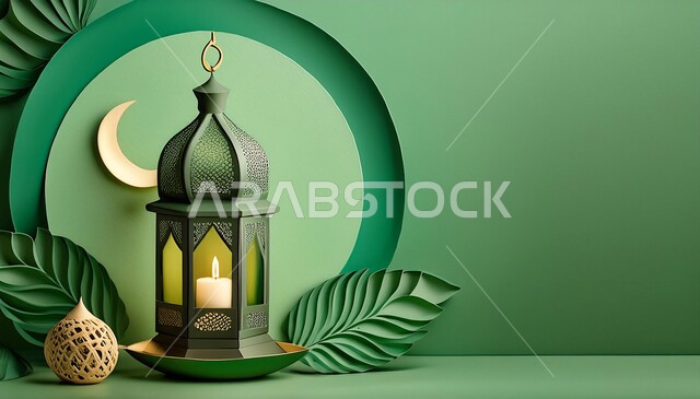Luminous decorative metal lantern with crescent moon and tree leaves, decorations and lights in the spiritual Ramadan atmosphere, traditional Arab antiques to celebrate the coming of the month of goodness, decorations for the holy month of Ramadan in the Islamic style, green background