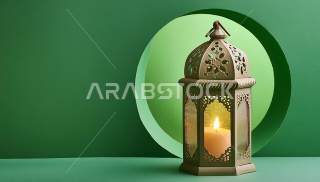 زينة رمضان المبارك على الطراز الإسلامي, فانوس معدني مزخرف مضيء, ديكورات وأنوار في الأجواء الرمضانية الروحانية, تحف عربية تقليدية للاحتفال بقدوم شهر الخير, خلفية خضراء