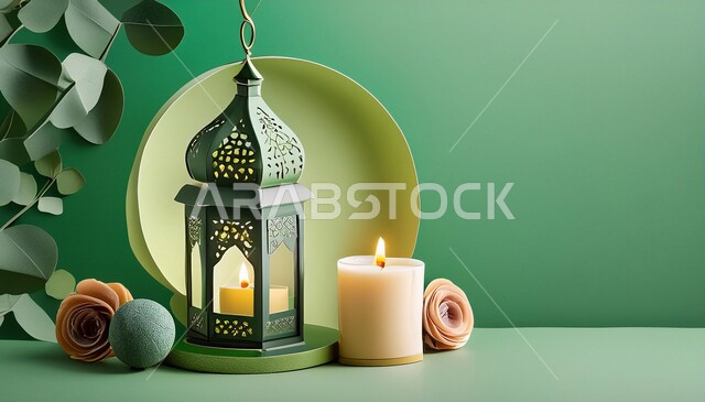 تحف عربية تقليدية للاحتفال بقدوم شهر الخير، زينة رمضان المبارك على الطراز الإسلامي, فانوس معدني مزخرف مضيء, ديكورات وأنوار في الأجواء الرمضانية الروحانية, خلفية خضراء