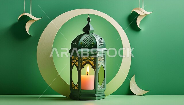 ديكورات وأنوار في الأجواء الرمضانية الروحانية، تحف عربية تقليدية للاحتفال بقدوم شهر الخير، زينة رمضان المبارك على الطراز الإسلامي, فانوس معدني مزخرف مضيء مع هلال القمر, خلفية خضراء