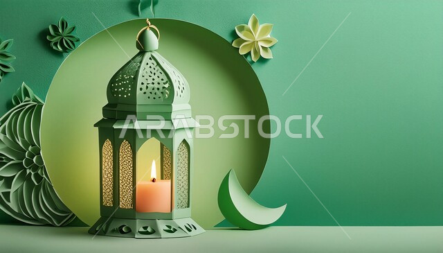 فانوس معدني مزخرف مضيء مع هلال القمر, ديكورات وأنوار في الأجواء الرمضانية الروحانية، تحف عربية تقليدية للاحتفال بقدوم شهر الخير، زينة رمضان المبارك على الطراز الإسلامي, خلفية خضراء