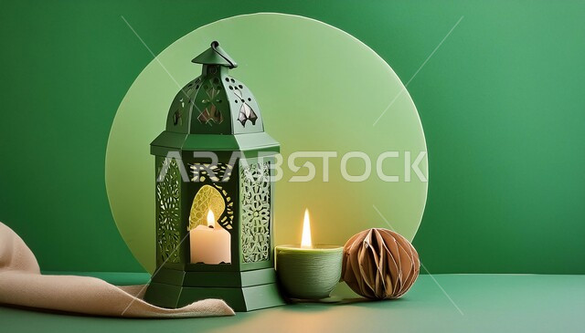 فانوس معدني مزخرف مضيء, ديكورات وأنوار في الأجواء الرمضانية الروحانية، تحف عربية تقليدية للاحتفال بقدوم شهر الخير، زينة رمضان المبارك على الطراز الإسلامي, خلفية خضراء