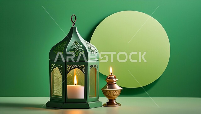 Celebrating the advent of the holy month of Ramadan, illuminated decorative metal Arabic lantern, decorations for holidays and religious occasions, Ramadan and Islamic spiritual atmosphere, green background