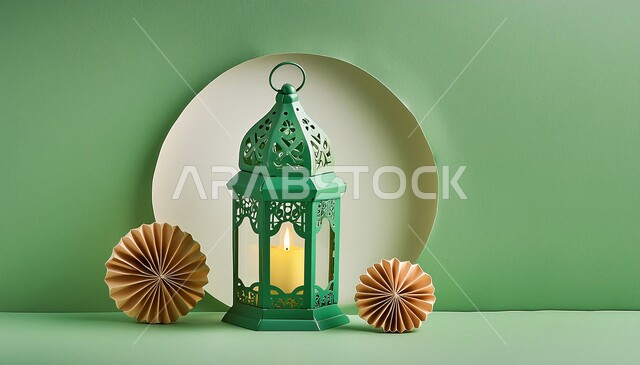 Traditional antiques and lanterns to celebrate the advent of the holy month of Ramadan, illuminated decorative metal Arabic lantern, decorations for holidays and religious occasions, Ramadan and Islamic spiritual atmosphere, green background