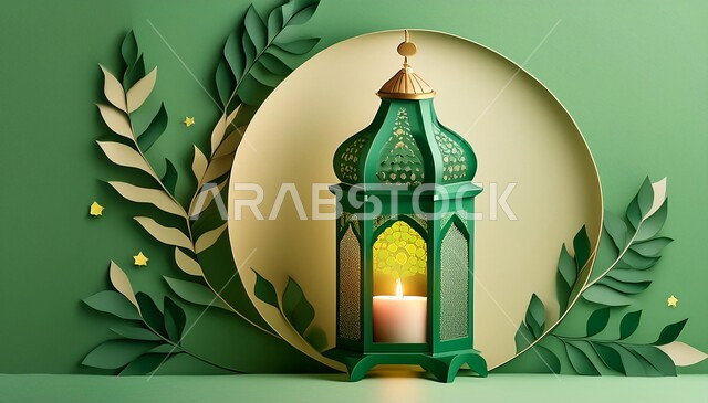 فانوس عربي معدني مزخرف مضيء مع أوراق الشجر, زينة و ديكورات الأعياد و المناسبات الدينية, أجواء رمضانية و روحانية إسلامية, تحف و فوانيس تقليدية للاحتفال بقدوم شهر رمضان المبارك, خلفية خضراء