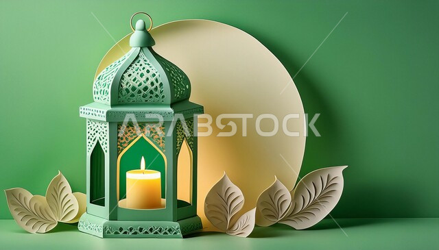 زينة و ديكورات الأعياد و المناسبات الدينية, أجواء رمضانية و روحانية إسلامية, فانوس عربي معدني مزخرف مضيء, تحف و فوانيس تقليدية للاحتفال بقدوم شهر رمضان المبارك, خلفية خضراء