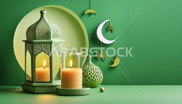 فانوس عربي معدني مزخرف مضيء مع هلال القمر, زينة و ديكورات الأعياد و المناسبات الدينية, أجواء رمضانية و روحانية إسلامية, تحف و فوانيس تقليدية للاحتفال بقدوم شهر رمضان المبارك, خلفية خضراء