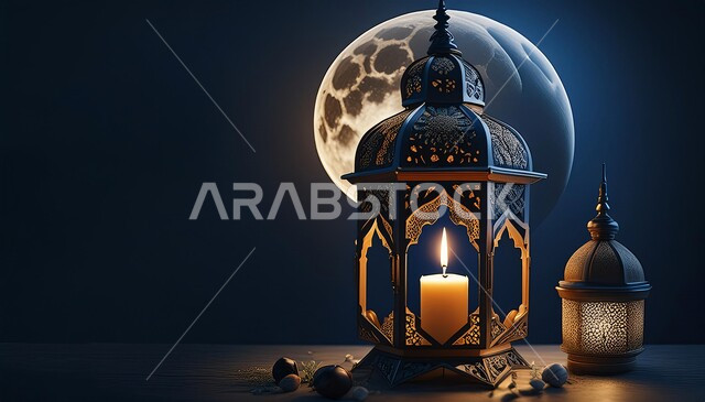 Traditional Arab adornments and decorations, preparing to welcome the holy month of Ramadan, celebrating religious occasions and holidays, Islamic-style lamps and lights, a luminous ornate metal lantern, joy at the arrival of the blessed month, background of the moon in the sky
