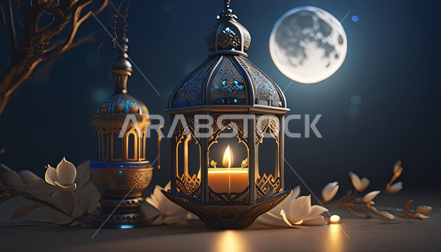 الاستعداد و التحضير لاستقبال رمضان المبارك, الاحتفال بالمناسبات والأعياد الدينية, مصابيح و أضواء على الطراز الإسلامي, زينة وديكورات عربية تقليدية, فانوس معدني مزخرف مضيء, البهجة بقدوم شهر الخير, خلفية القمر في السماء