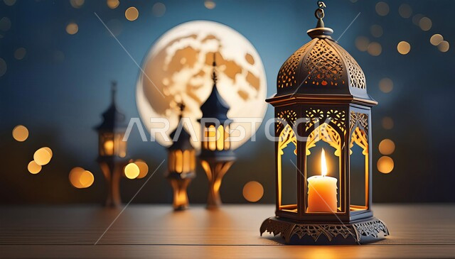 الاحتفال بالمناسبات والأعياد الدينية, مصابيح و أضواء على الطراز الإسلامي, زينة وديكورات رمضان المبارك, فانوس معدني تقليدي مزخرف مضيء, البهجة بقدوم شهر الخير, خلفية القمر و النجوم