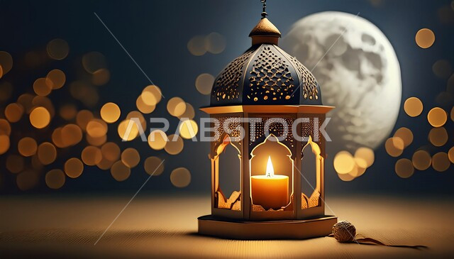 الأجواء الروحانية والاحتفال بالمناسبات والأعياد الدينية, مصابيح و أضواء على الطراز الإسلامي, زينة وديكورات رمضان المبارك, فانوس معدني تقليدي مزخرف مضيء, البهجة بقدوم شهر الخير, خلفية القمر و النجوم