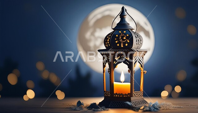 البهجة بقدوم شهر الخير, الأجواء الروحانية والاحتفال بالمناسبات والأعياد الدينية, مصابيح و أضواء على الطراز الإسلامي, زينة وديكورات رمضان المبارك, فانوس معدني تقليدي مزخرف مضيء، خلفية القمر و النجوم