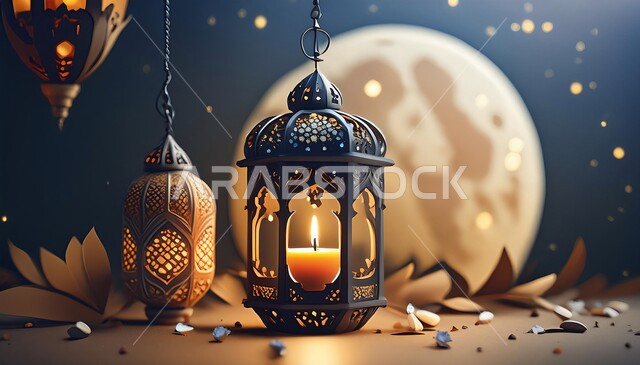 فانوس معدني تقليدي مزخرف مضيء, البهجة بقدوم شهر الخير, الأجواء الروحانية والاحتفال بالمناسبات والأعياد الدينية, مصابيح و أضواء على الطراز الإسلامي, زينة وديكورات رمضان المبارك، خلفية القمر و النجوم