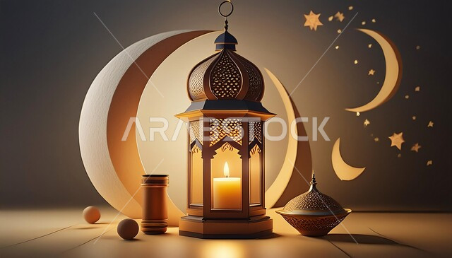 مصابيح و أضواء على الطراز الإسلامي، زينة وديكورات رمضان المبارك, فانوس معدني تقليدي مزخرف مضيء, البهجة بقدوم شهر الخير, الأجواء الروحانية والاحتفال بالمناسبات والأعياد الدينية، خلفية القمر و النجوم