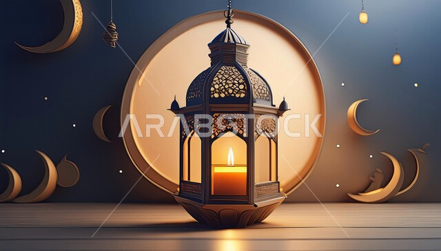 الأجواء الروحانية والاحتفال بالمناسبات والأعياد الدينية، مصابيح و أضواء على الطراز الإسلامي، زينة وديكورات رمضان المبارك, فانوس معدني تقليدي مزخرف مضيء, البهجة بقدوم شهر الخير، خلفية القمر و النجوم