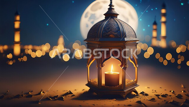 البهجة بقدوم شهر رمضان المبارك, أجواء رمضانية مباركة, فانوس معدني مزخرف مضيء, تصاميم مصابيح شعبية تقليدية, زينة و أنوار للأعياد و المناسبات، خلفية القمر و النجوم