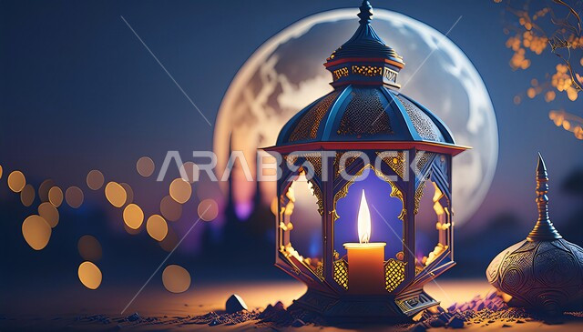 البهجة بقدوم شهر الخير, أجواء رمضانية مباركة, فانوس معدني مزخرف مضيء, تصاميم مصابيح شعبية تقليدية, تحف و إكسسوارات شهر رمضان المبارك, زينة و أنوار للأعياد و المناسبات، خلفية القمر و النجوم