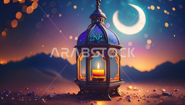 زينة و أنوار للأعياد و المناسبات، البهجة بقدوم شهر الخير, أجواء رمضانية مباركة, فانوس معدني مزخرف مضيء, تصاميم مصابيح شعبية تقليدية, تحف و إكسسوارات شهر رمضان المبارك، خلفية القمر و النجوم