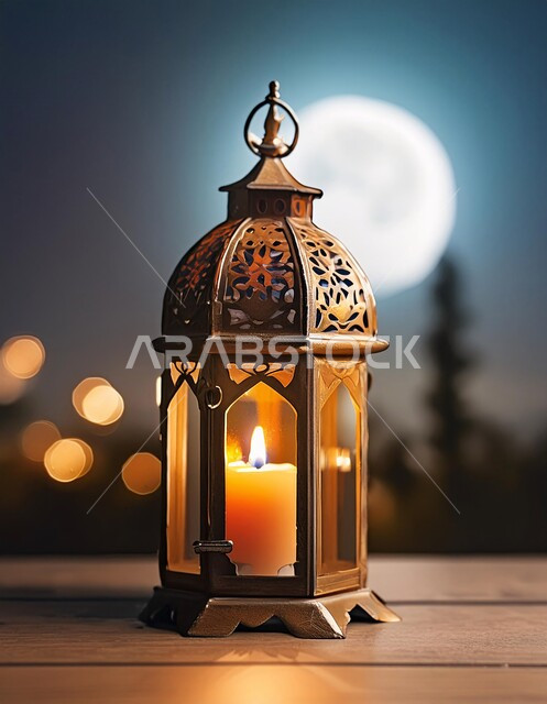 تحف و إكسسوارات شهر رمضان المبارك ، زينة و أنوار للأعياد و المناسبات، البهجة بقدوم شهر الخير, أجواء رمضانية مباركة, فانوس معدني مزخرف مضيء, تصاميم مصابيح شعبية تقليدية، خلفية القمر و النجوم