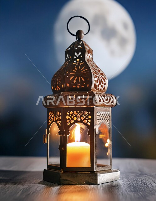 فانوس معدني مزخرف مضيء، تصاميم مصابيح شعبية تقليدية, تحف و إكسسوارات شهر رمضان المبارك ، زينة و أنوار للأعياد و المناسبات، البهجة بقدوم شهر الخير, أجواء رمضانية مباركة, خلفية القمر في السماء