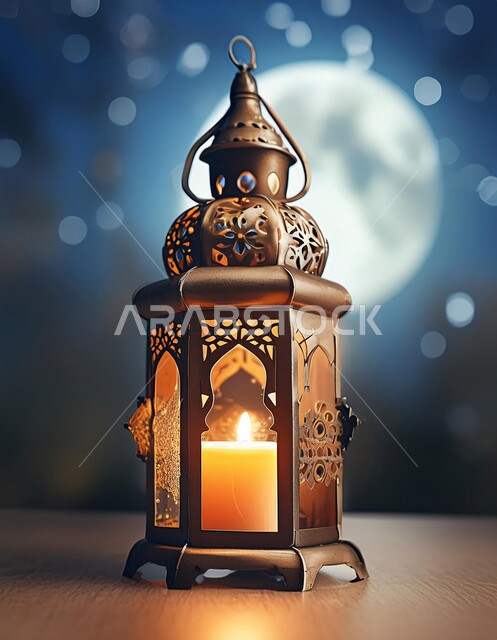 أجواء رمضانية مباركة, فانوس معدني مزخرف مضيء، تصاميم مصابيح شعبية تقليدية, تحف و إكسسوارات شهر رمضان المبارك ، زينة و أنوار للأعياد و المناسبات، البهجة بقدوم شهر الخير, خلفية القمر و النجوم
