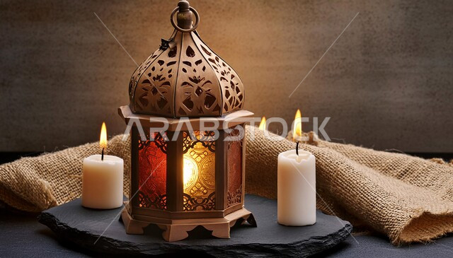الاستعداد و التحضير لاستقبال شهر الخير, فانوس معدني مزخرف مضيء، إضاءة و أنوار تقليدية شعبية، زينة وديكورات رمضان المبارك, الاحتفال بالمناسبات والأعياد الدينية الإسلامية, خلفية بني