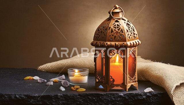 زينة وديكورات رمضان المبارك, الاستعداد و التحضير لاستقبال شهر الخير, فانوس معدني مزخرف مضيء، إضاءة و أنوار تقليدية شعبية, الاحتفال بالمناسبات والأعياد الدينية الإسلامية, خلفية بني