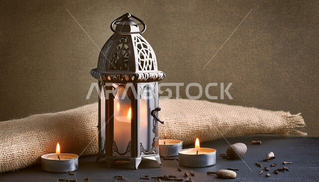 مصباح عربي تقليدي, فانوس معدني مزخرف مضيء، إضاءة و أنوار شعبية، زينة وديكورات الاحتفال بالمناسبات والأعياد الدينية الإسلامية، الاستعداد و التحضير لاستقبال شهر رمضان المبارك, خلفية بني
