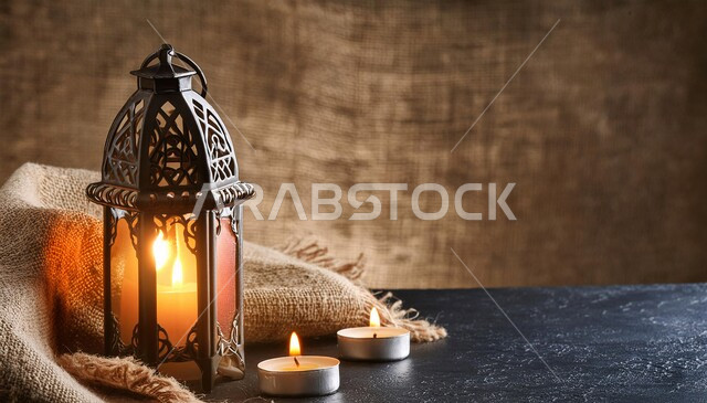 الأجواء الروحانية المتميزة, فانوس معدني مزخرف مضيء، إضاءة و أنوار تقليدية شعبية، زينة وديكورات الاحتفال بالمناسبات والأعياد الدينية الإسلامية، الاستعداد و التحضير لاستقبال شهر رمضان المبارك, خلفية بني